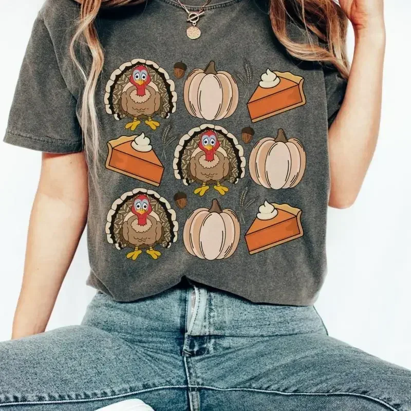 Womens Thanksgiving T Shirt Turkey Pumpkin Pie Thankful Oversized Fall