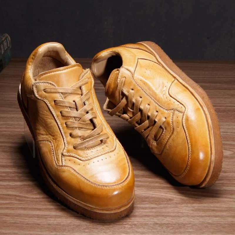 Handmade Distressed Cow Leather Casual Sneakers Men Lace Up Retro Western Street All Match Daily Walking Shoes