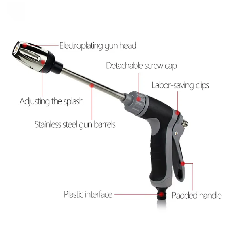 Alloy High-Pressure Car Wash Water Gun with Rubber Handle Long Pole Household Watering Tool Metal Extension Wrapped for Cleaning