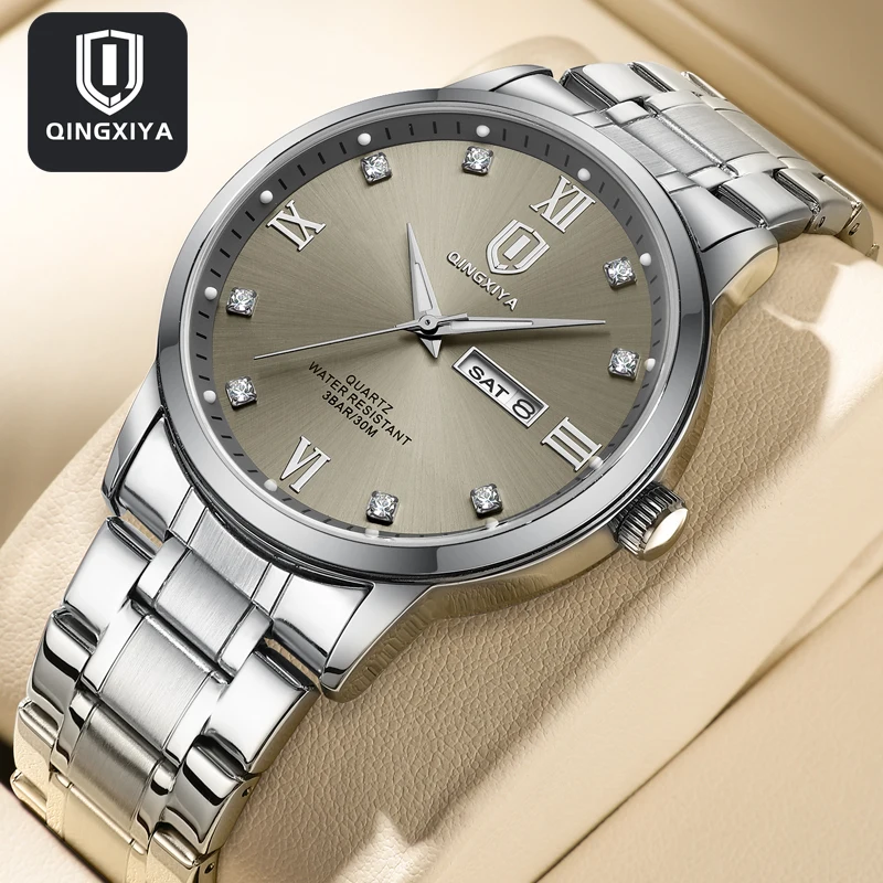 

QINGXIYA Brand Fashion Quartz Watch for Men Stainless Steel Waterproof Luminous Week Date Luxury Watches Mens Relogio Masculino