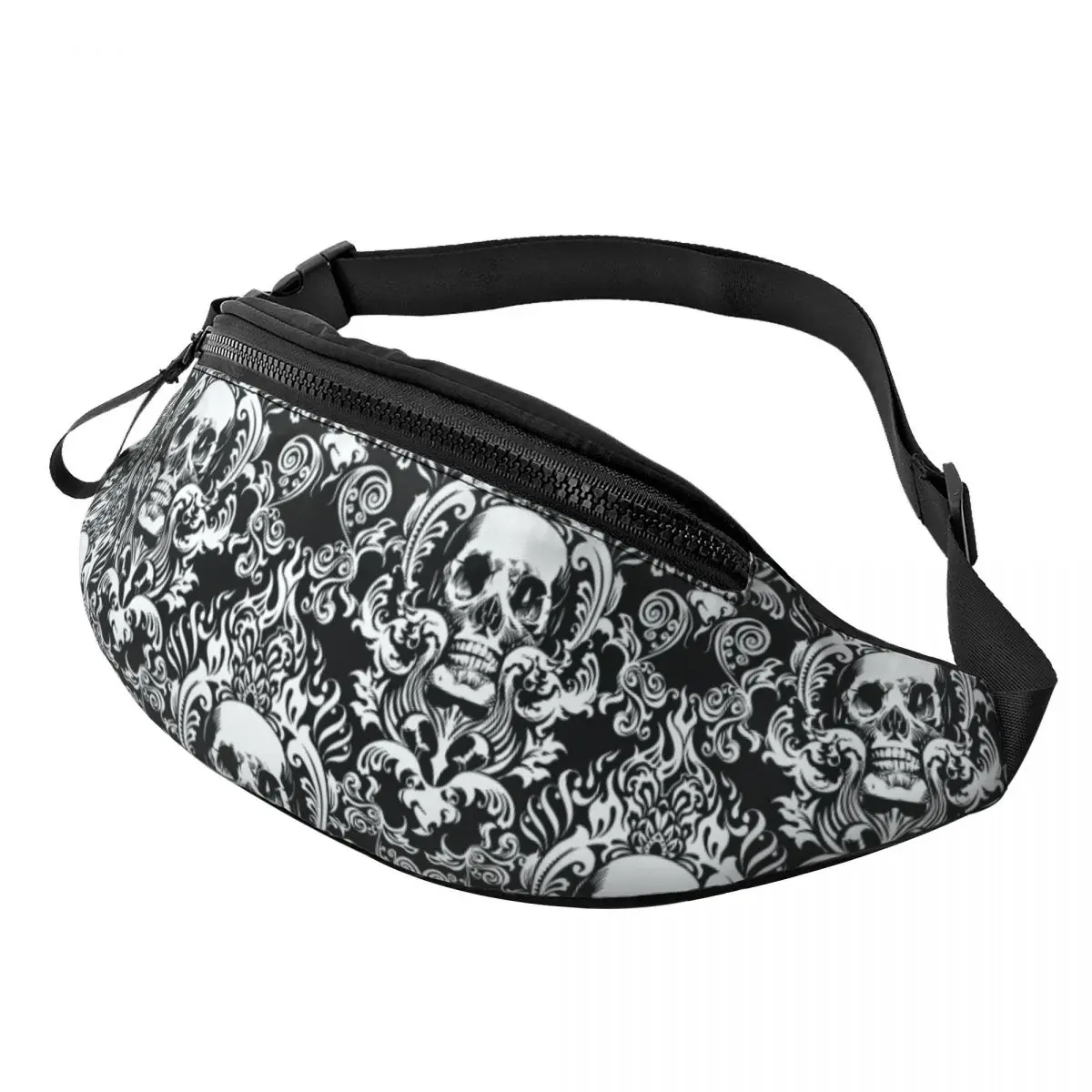 Gothic Skull Flower Fanny Pack Women Men Custom Goth Halloween Crossbody Waist Bag for Cycling Camping Phone Money Pouch