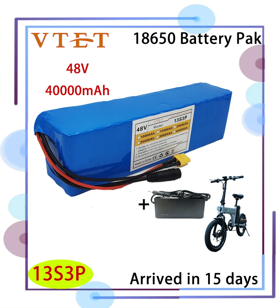 

2025Новый литий-ионный аккумулятор 48 В 13S3P XT60 + постоянный ток 30000 мАч 18650 250 Вт-800 Вт для электровелосипеда, высококачественный аккумулятор BMS + зарядное устройство 54,6 В