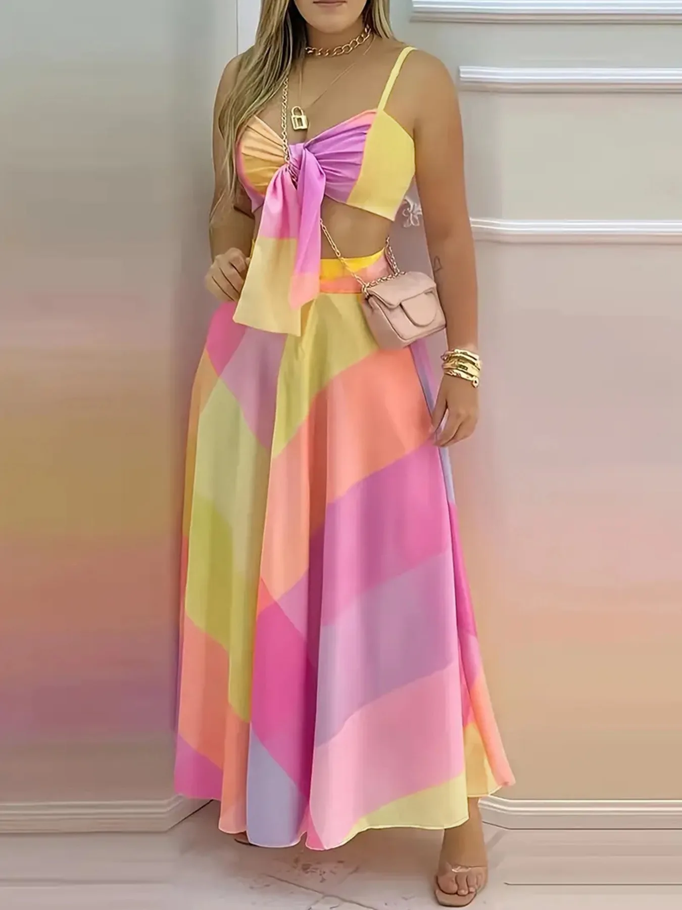 Top cropped, saia com zíper com estampa geométrica, estilo praia