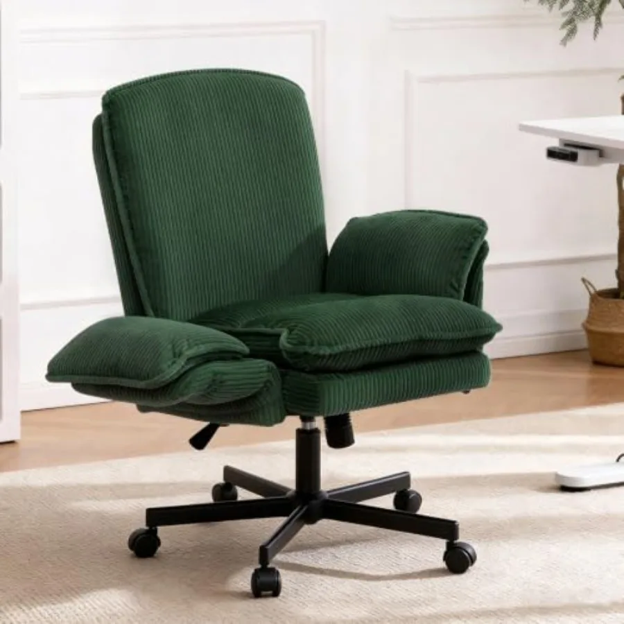 Office desk chair with criss-cross back design, black mesh and steel frame, ergonomic armrests and smooth-rolling casters for a