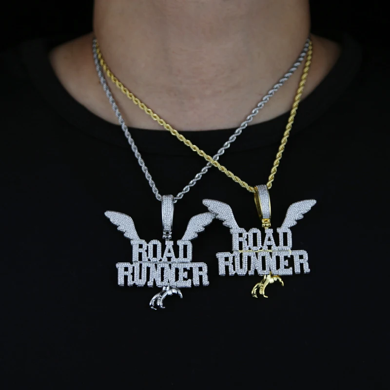 

New Arrived Hip Hop Letter Road Runner Wing Shape Pendant Necklace With Rope Chain Micro Pave Bling 5A CZ Fashion Charm Jewelry