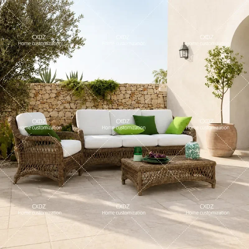Outdoor Rattan Sofa Set Patio Garden Furniture Wicker Couch with Coffee Table for Villa Courtyard Terrace Hotel Lounge