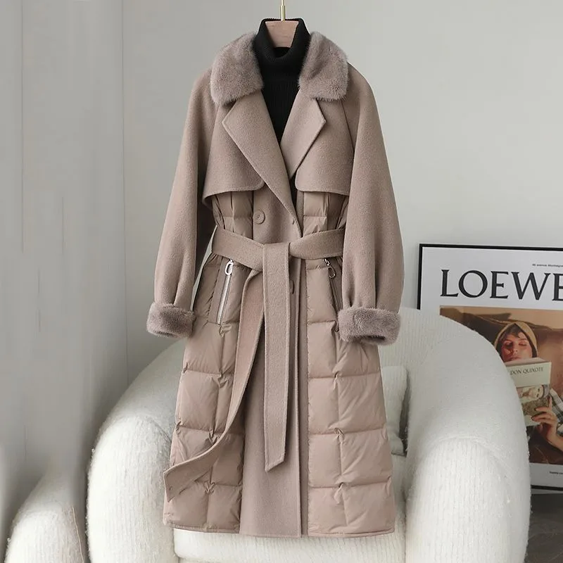 2023 Winter New Women Temperament Lapel Woolen Coat Long Below The Knee Design Patchwork Down Cotton Jacket Large Size Outwear