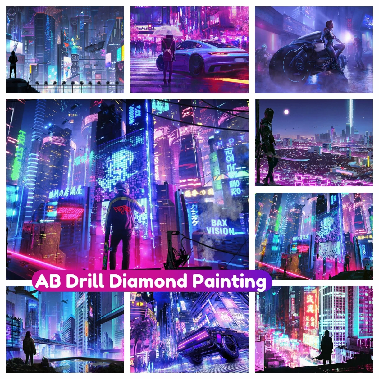 

Neon Cyberpunk Night City Street Scenery Full AB Diamond Painting New Cross Stitch Kit Mosaic Embroidery 5D DIY Home Decor Gift