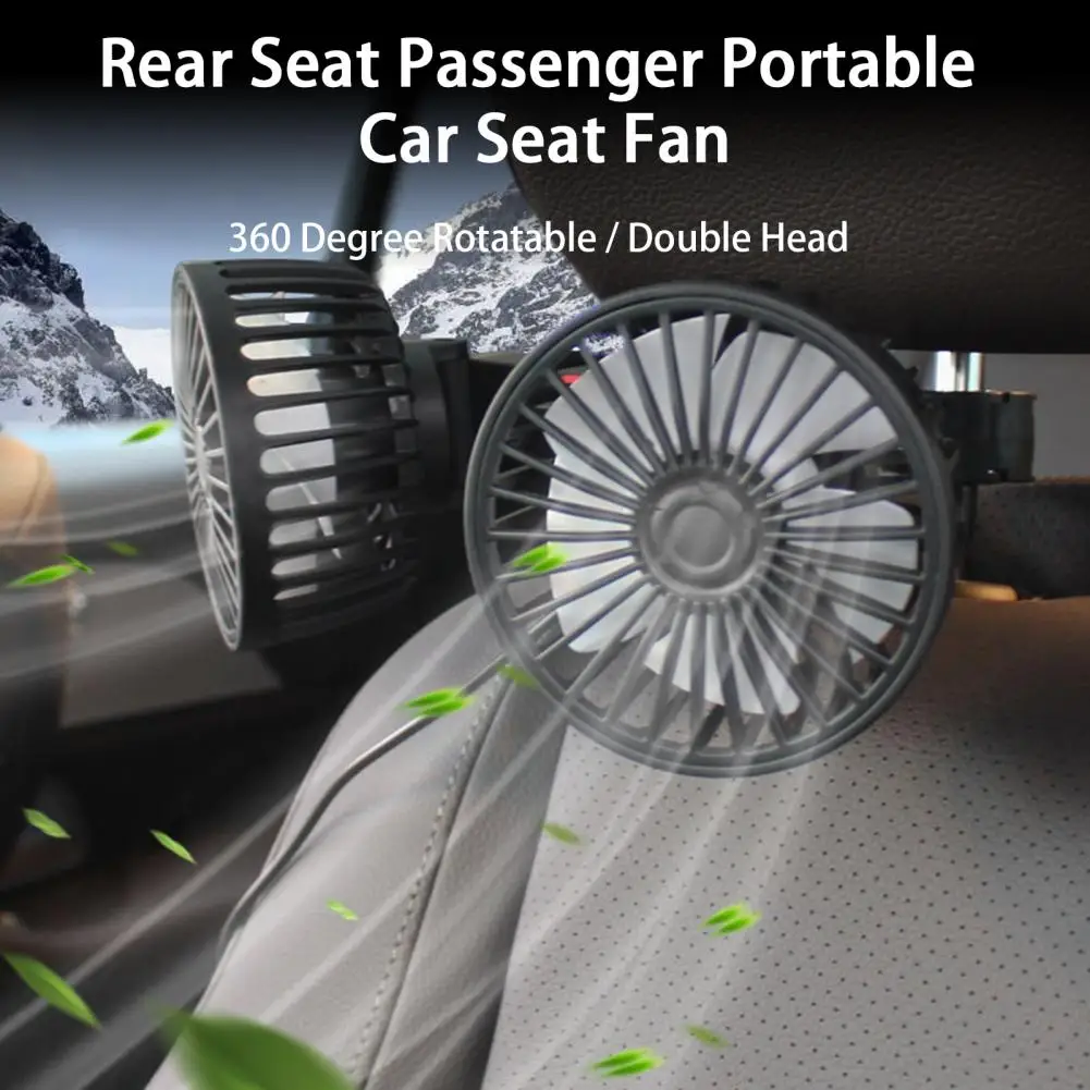 New Car Fan 360 Degree Rotatable Double Head 5 Blades 3 Speeds Strong Wind Cooling USB Charging Rear Seat Passenger Car Seat Fan