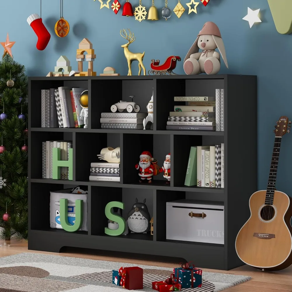 مجموعة أرفف كتب خشبية مكونة من 3 طبقات، منظم تخزين 10 مكعبات، خزانة كتب سوداء قائمة بذاتها مع أرفف مفتوحة، ديكور منزلي موفر للمساحة #5