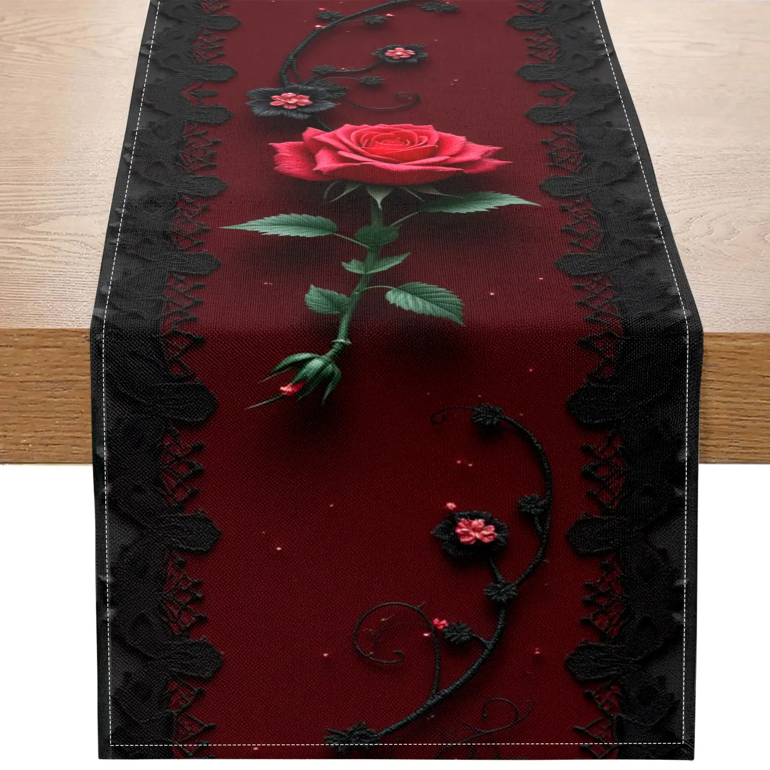 1 Piece of Dark Rose Table Runner, Decorated with Red Roses and Lace Patterns, Suitable for Gothic-Style Homes and Romantic Themed Parties