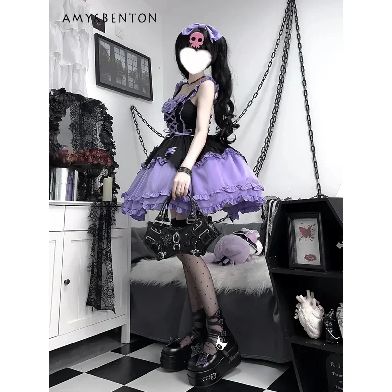 25COSGothic Lolita Dress for Women Slim Jsk Suspender Dress Cute Bow Splicing Color Tutu Dresses Daily Subculture Sling Dress Su