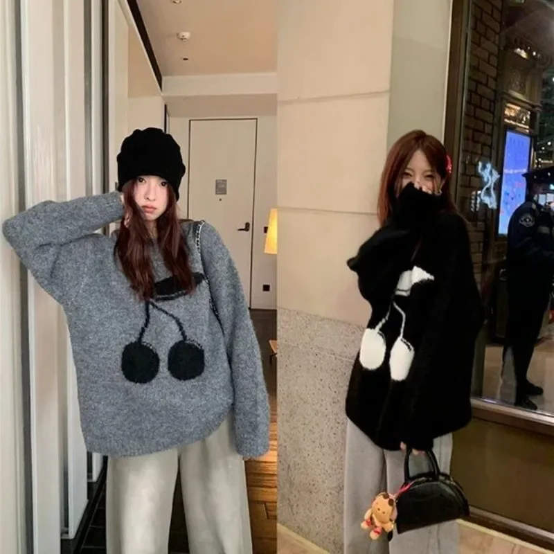 Korean Fashion Gray Round Neck Pullover Cherry Sweater Women's Autumn and Winter Loose Thick Mid Length Top Female Clothing