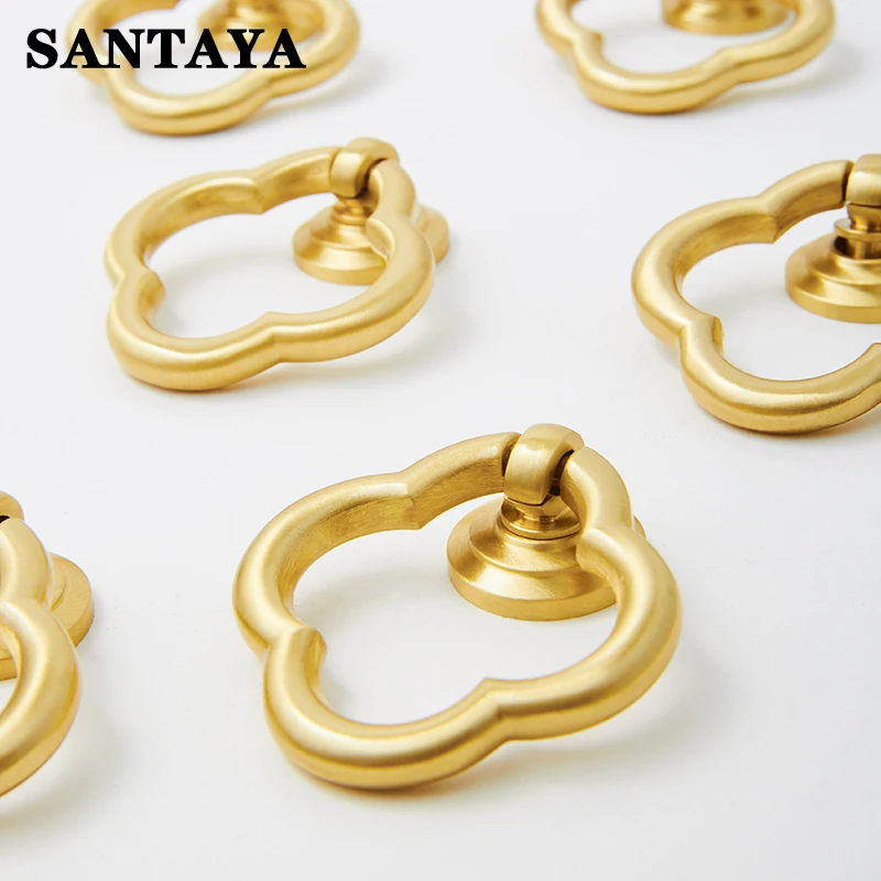 Brass Furniture Handles Garden Pendant Pull Rings Four-Leaf Clover Gold Premium Wardrobe Dresser Kitchen Cabinet Drawer Knobs