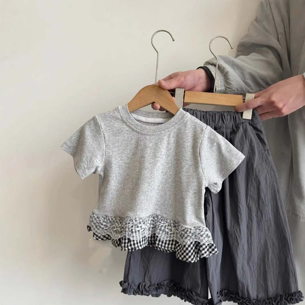 2025 Summer Girls Short Sleeve Tee Japanse Korean Kids Lace Patch Fashionable Kids Top for 2-8Y, Floral Half Sleeve Blouse