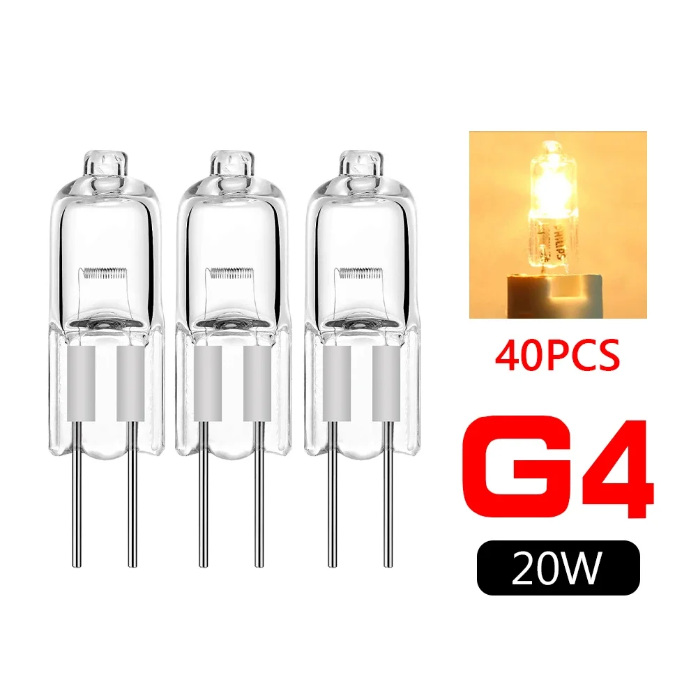 40pcs Halogen Lamp Beads G4 12V 20W Halogen Bulbs Crystal Light Machine Work Lamp Warm White Color Clear Bulbs Whosesale