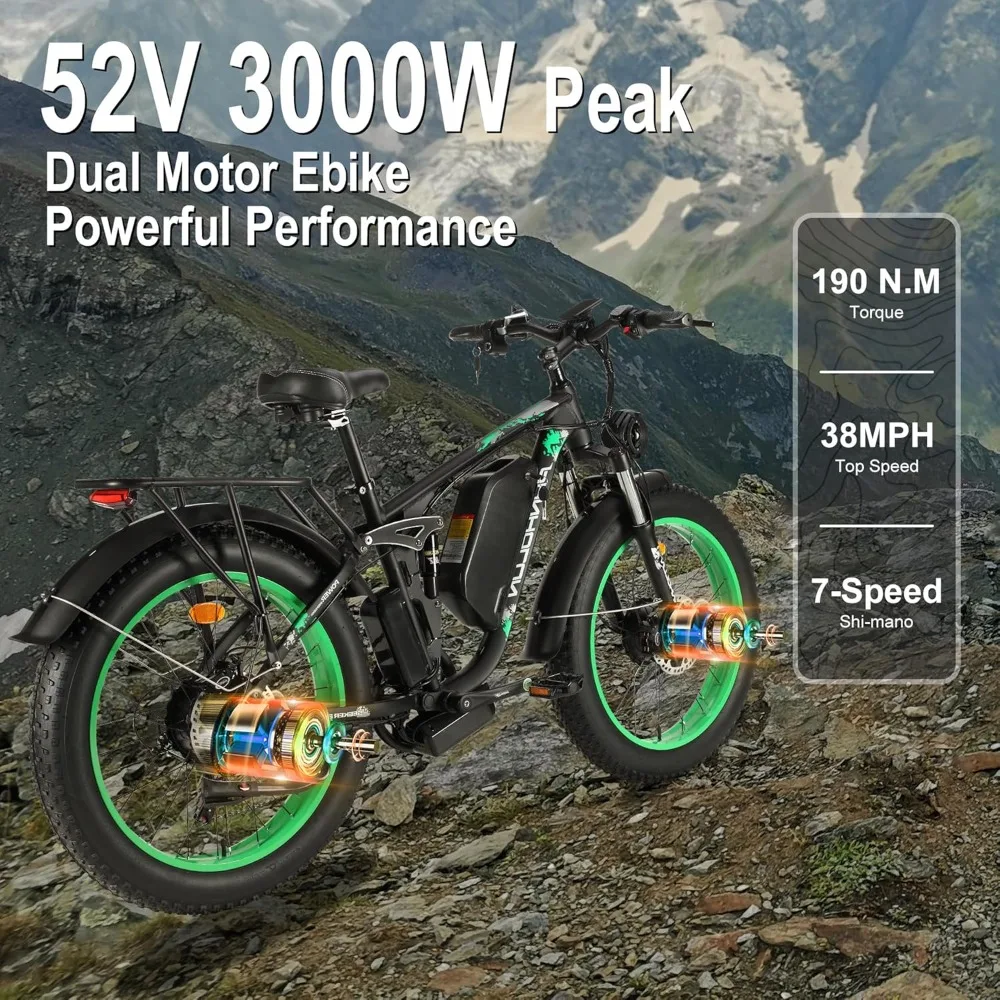 Adult Dual Motor 3000W Peak Fat Tire Electric Bike - 52V, 25AH Battery, 38MPH, Full Suspension Electric Bike, 24 Inch Dirt Bike