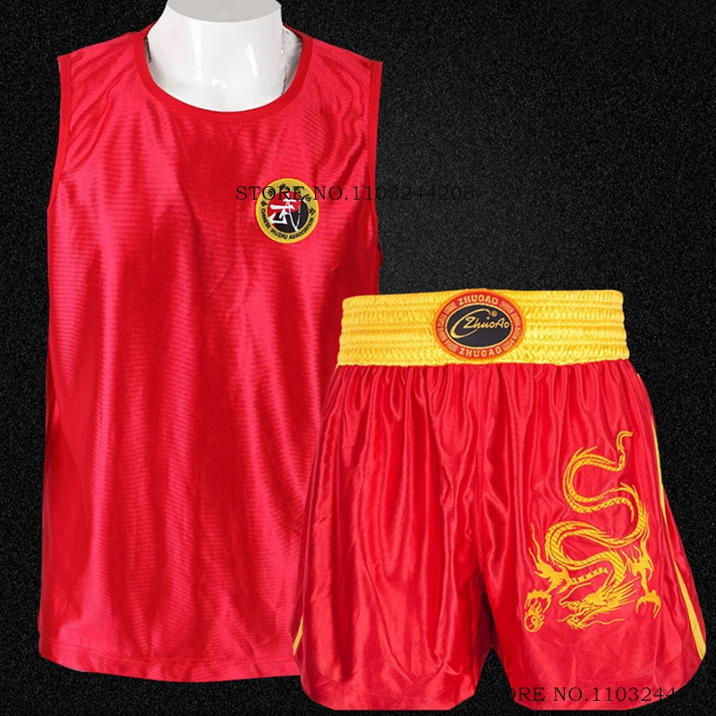 Boxing Shorts and Shirt Muay Thai Shorts Men Women Kids Dragon Embroidery Kickboxing Sanda Wushu Wrestling Martial Arts Uniform