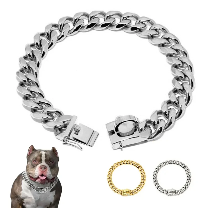 

19MM Gold Chain Dog Collar with Secure Snap Buckle Stainless Steel Cuban Link Heavy Duty Bull for Large Big Dogs