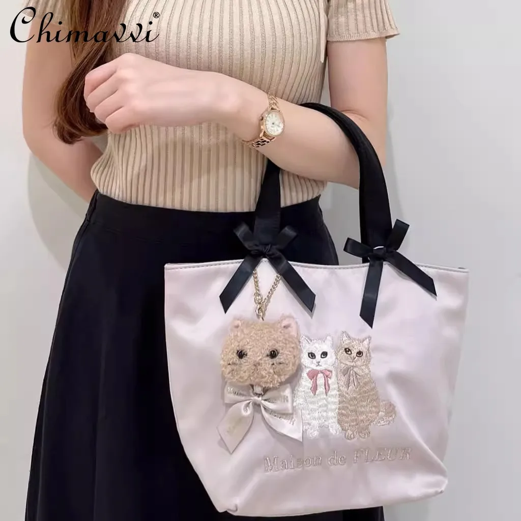 Japanese New Cute Double Cat Embroidered Satin Double Bow Portable Tote Women's Bag Sweet Girl Versatile Girls Cosmetic Bag