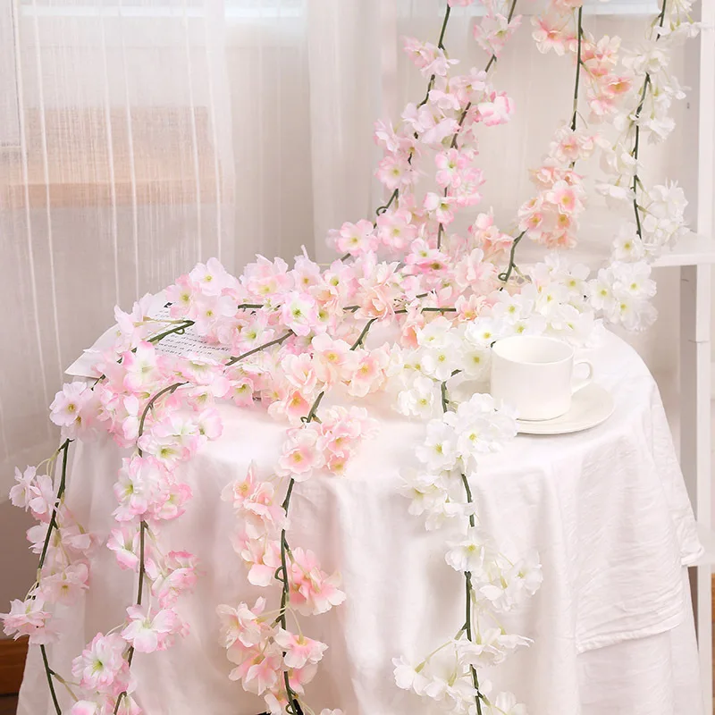 180CM Artificial Sakura Flowers Vine Wedding Garden Yard Arch Home Room Decora Valentine's Day Bridal Fake Silk Scrapbook Plants
