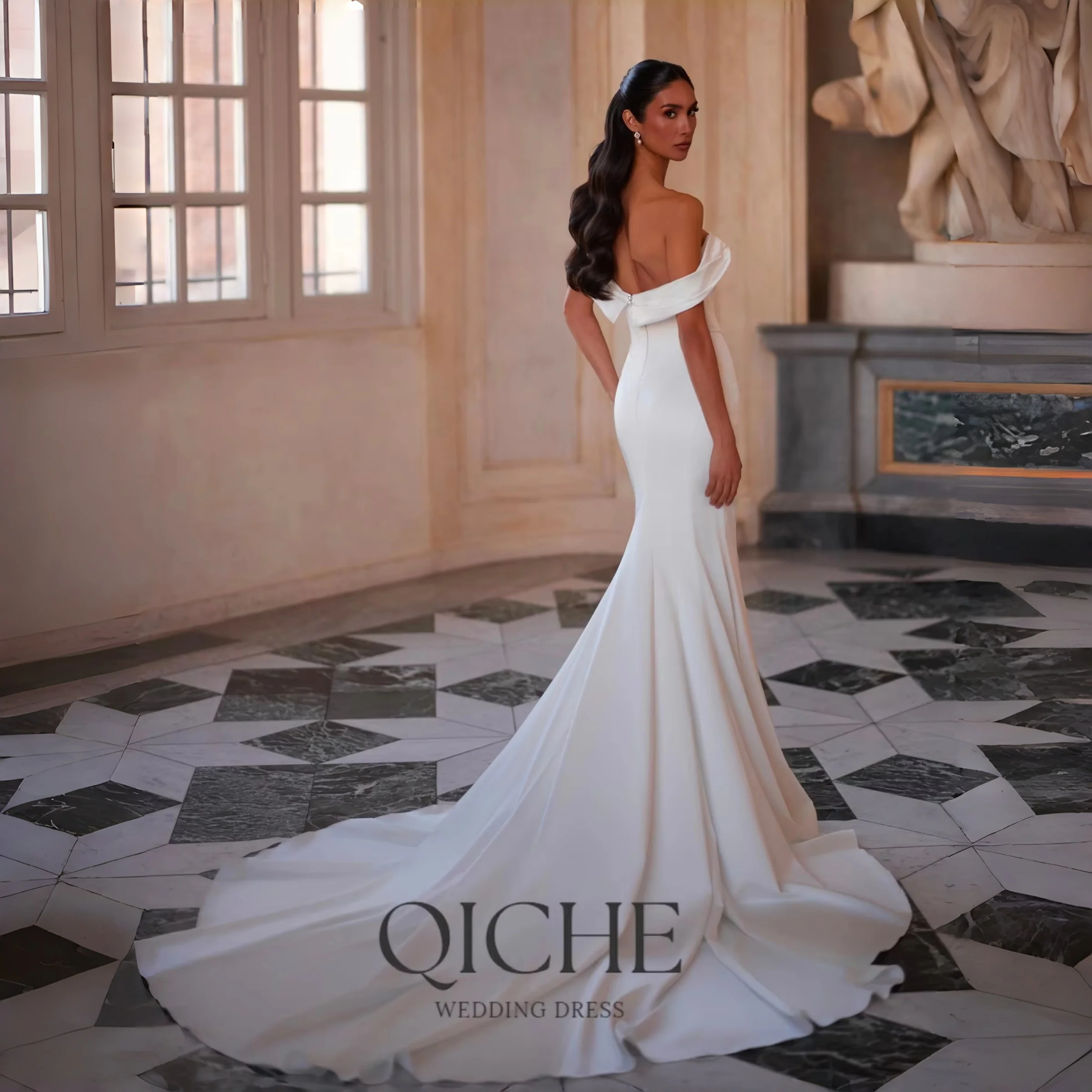 QICHE Elegant Strapless Mermaid Train Satin Wedding Dresses Pleat Simple Off The Shoulder Gowns Customized Vestidos De Novia