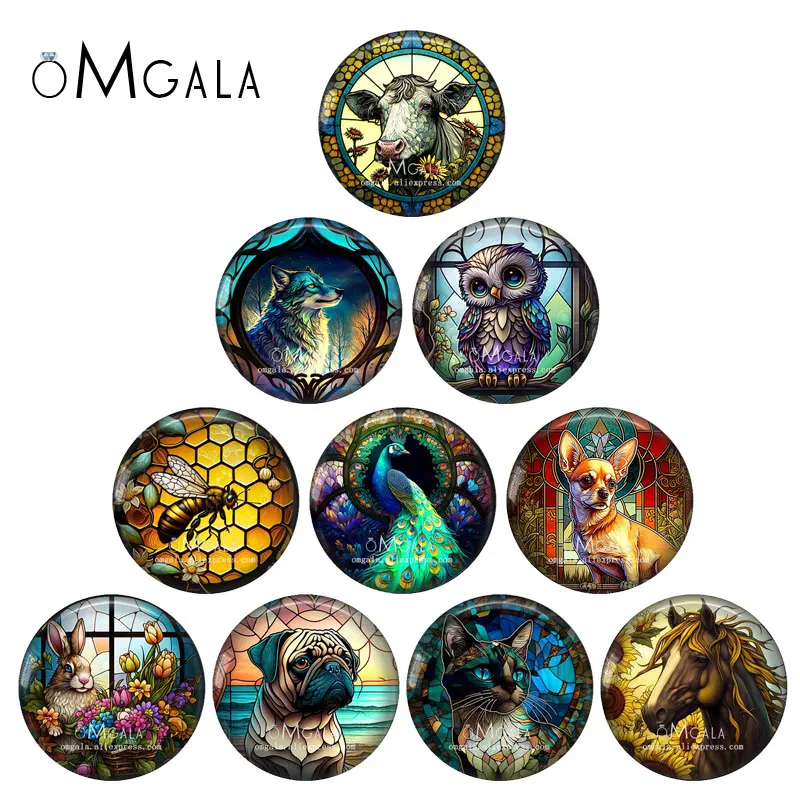 

New Dog Cat Horse Owl Wolf Rabbit Cow Bee 10pcs 12mm/18mm/20mm/25mm Round Photo glass cabochon demo flat back Making findings