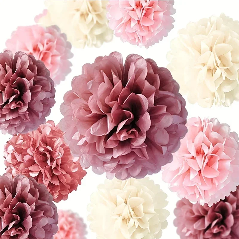 15pcs, Dusty Rose Blush Pink Tissue Pom Poms Flowers For Wedding, Bridal Shower, Shower, Sweet Birthday, Engagement view 3