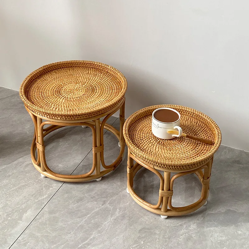 Handmade autumn rattan woven idyllic courtyard balcony living room refreshments cakes fruit round small side few retro features