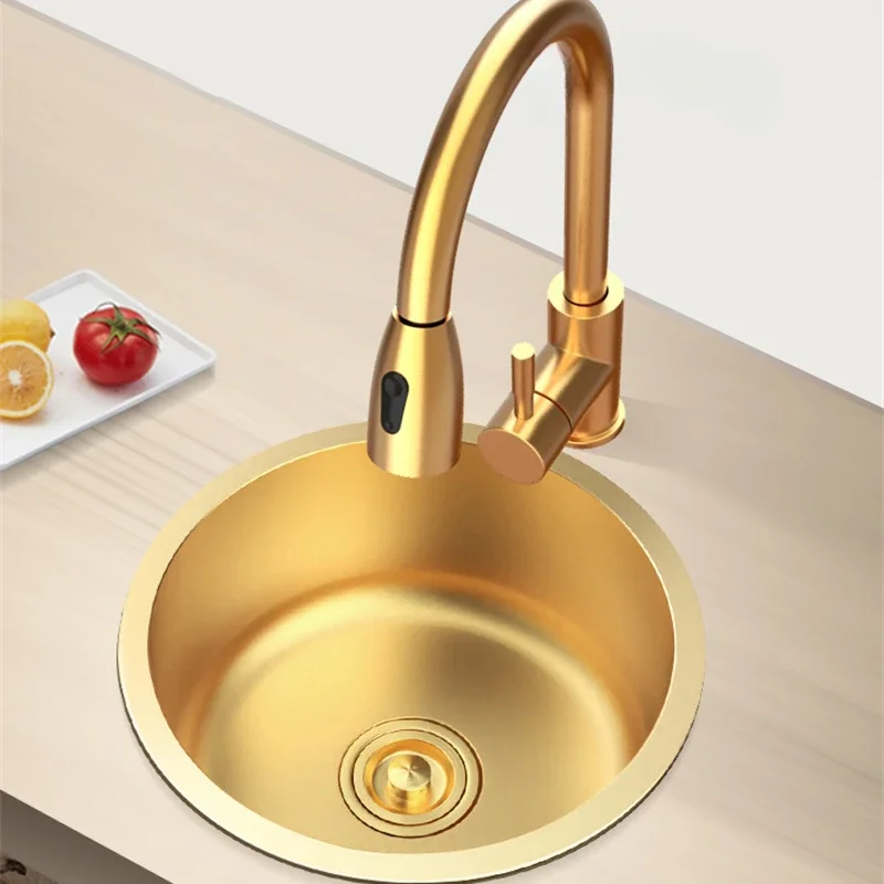 304 Stainless Steel Nano Sink For Kitchen Furniture Wash Vegetable Sinks Round Golden Handmade Mini Bar Small Single Slot Sink