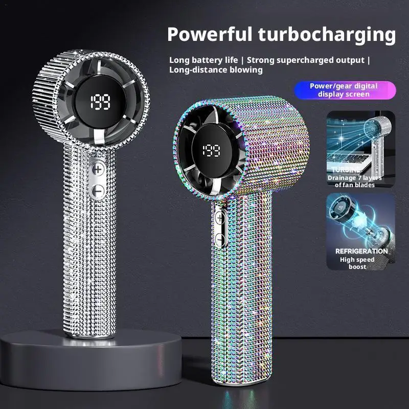 Ventilador portátil de mano para exteriores, viento fuerte de 199 velocidades, cubierto con diamantes, ventiladores de refrigeración de hielo recargables tipo C para exteriores ﻿