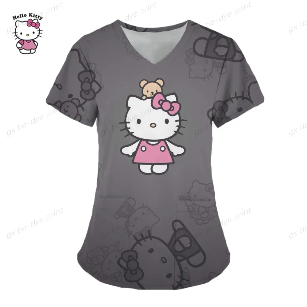 Women 2023 Uniform T-shirt Hello Kitty T-shirts Nurse Uniform Pocket Hello Kitty V Neck Woman Clothes Tops Hospital Top