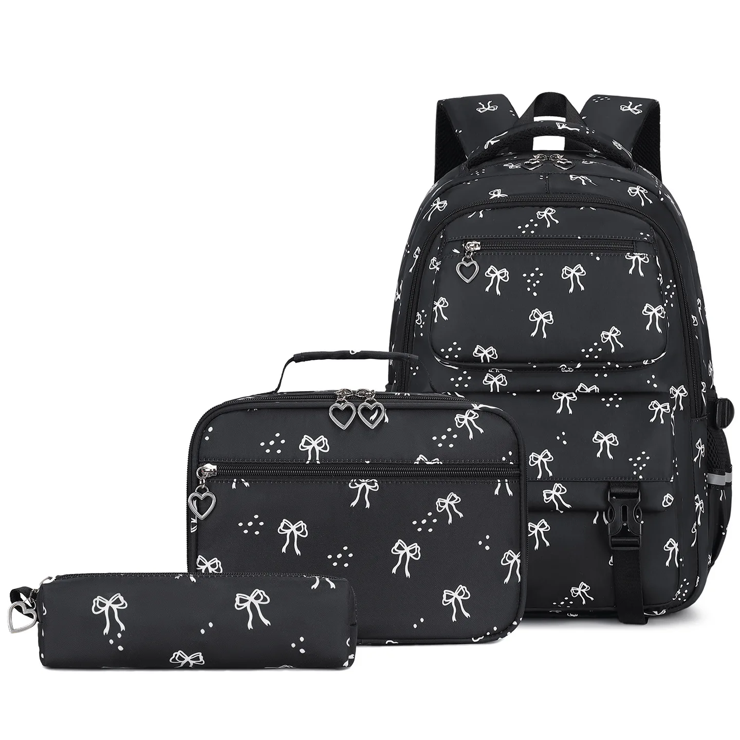 3 Pcs/Set Fashion Bow Print Women Fashion Backpack Lightweight Simple Student School Bag Adjustable Strap Travel Backpack