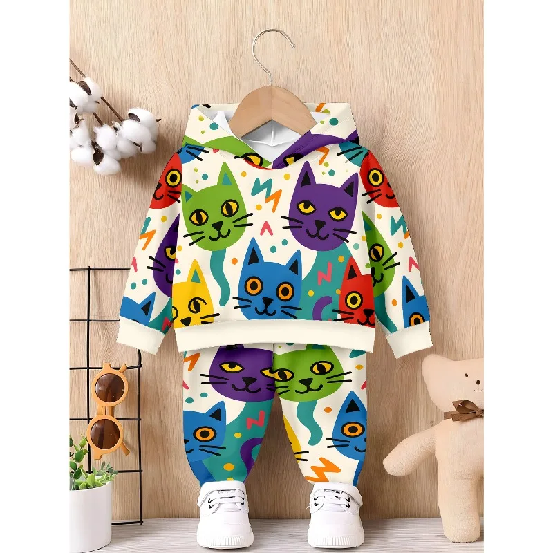 Kids Hoodie Jogger Colorful Cartoon Cat Allover Print Pink Cherry Blossom Floral Pattern Fiery Dragon Eye Graphic Kids Tracksuit