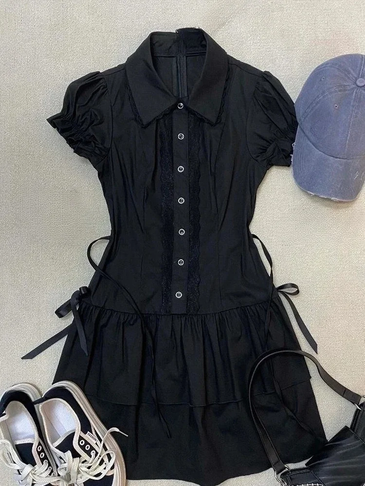 Sommer Gothic Schwarz Dünne Spitze Mini Kleid Frauen Französisch Elegante Vintage Ärmelloses Party Kleid Weibliche Y2k Heiße Mädchen Retro Kleidung