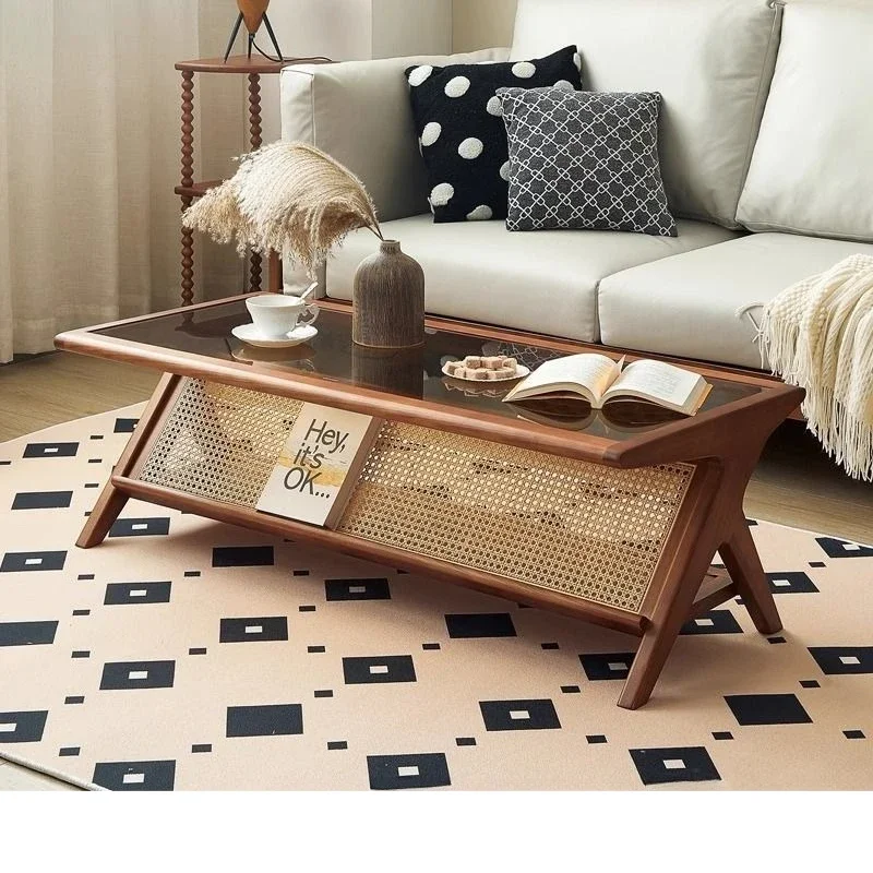 

table solid wood rattan living room household dining table simple modern small apartment dual-purpose glass rectangle