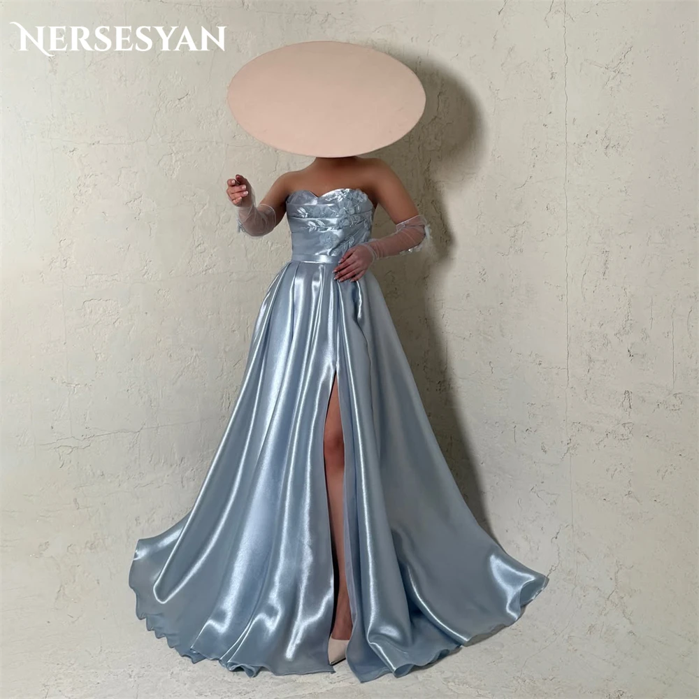 

Nersesyan Boho Небесно-голубые милые платья для выпускного вечера с 3D цветами и драпировкой без рукавов Вечерние платья трапециевидной формы для торжественного вечера по индивидуальному заказу
