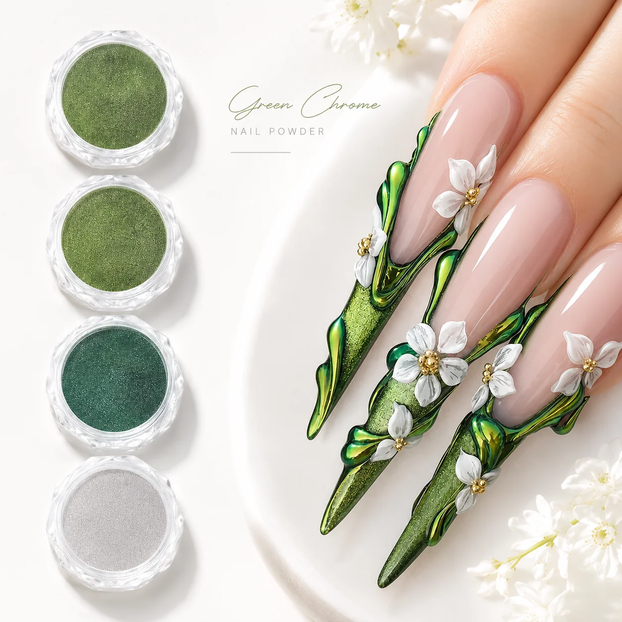 4 Stück grüner Spiegel-Nagelglitter, Farbverlauf, Y2K Sommer-Pflanzeneffekt, magisches Spiegelpulver, Chrom-Reibungspulver, DIY-Charm-Pigmentpulver – Detail 3