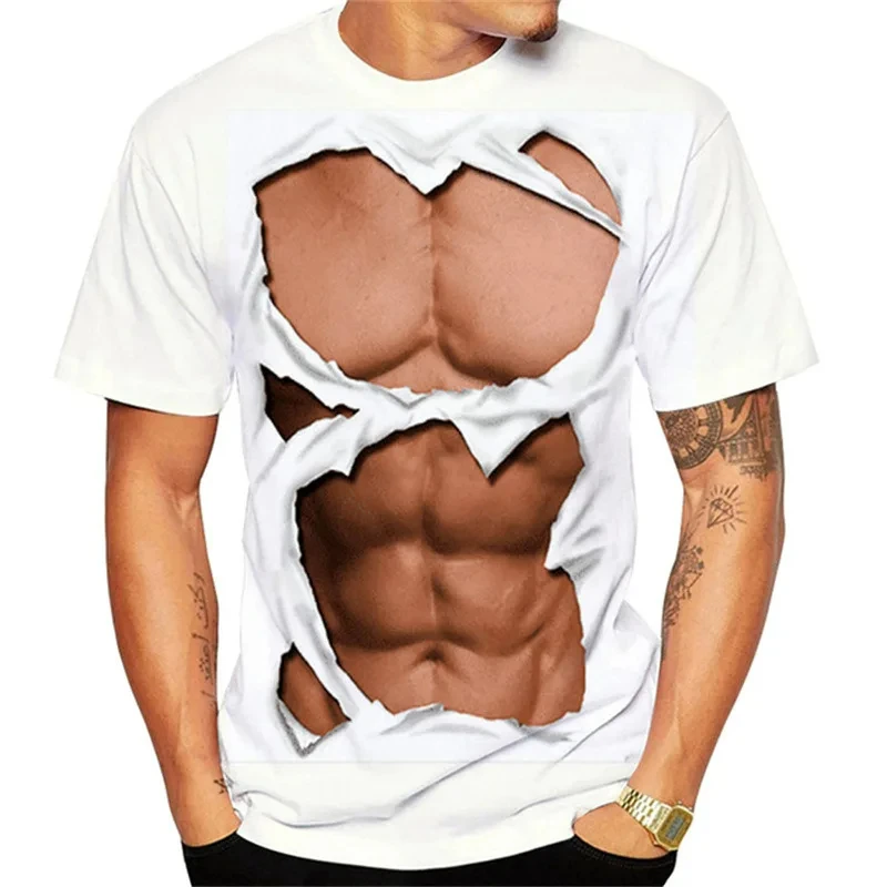 Summer Men\'s Fake Muscle Tattoo 3D Print T-Shirt Funny Oversized Muscular Clothes Short Sleeve Fitness Sports Tee Shirt Y2k Tops