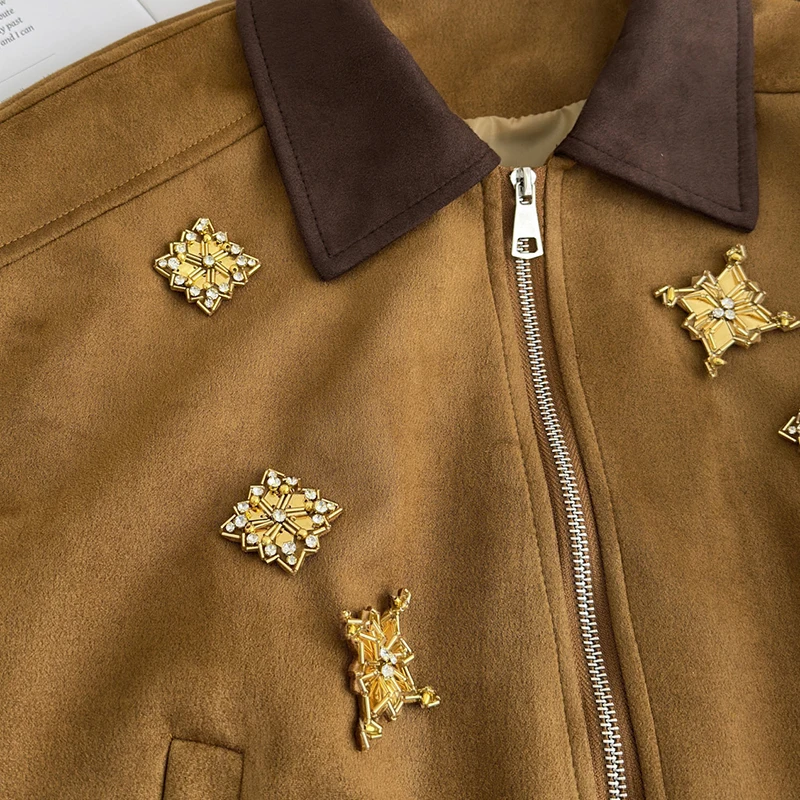 Suede Zipper Fly Jacket Coat Retro Loose Heavy Diamond Chic Jacket Overcoat Women Autumn Winter Long Sleeve Pocket Outwear