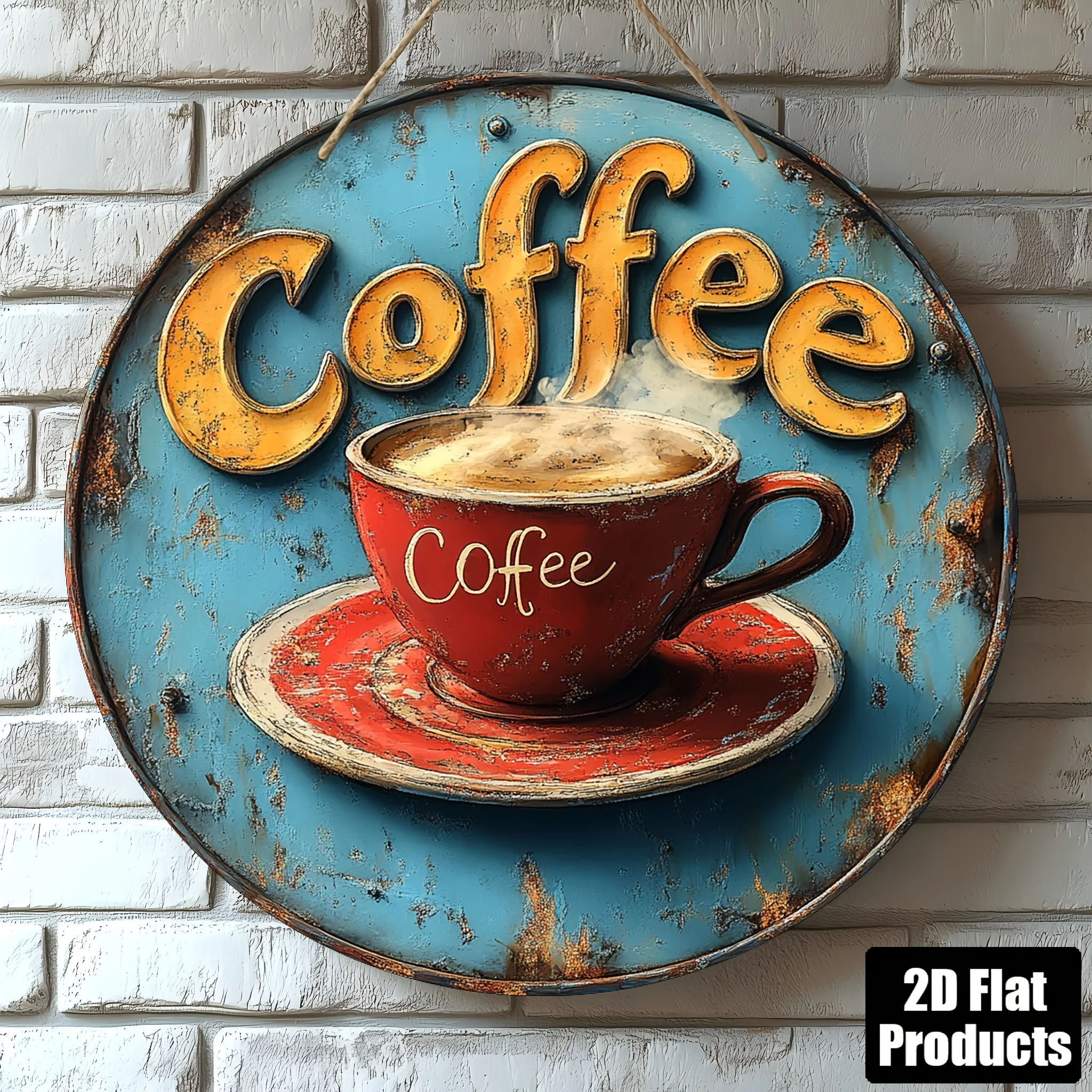 2D Flat, 1pc Vintage Coffee-Themed Round Wooden Wall Art Sign - 