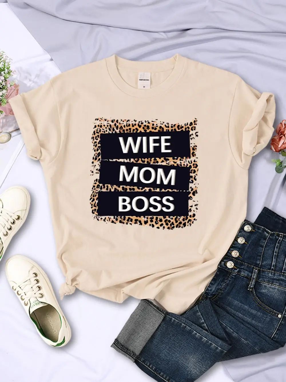 Straße Frau T-Shirts Frau Mama Boss Brief Leopard Drucke T-shirts Weiche Atmungsaktive Oansatz Kurzarm Sommer Casual Weibliche Kleidung – Detail 13