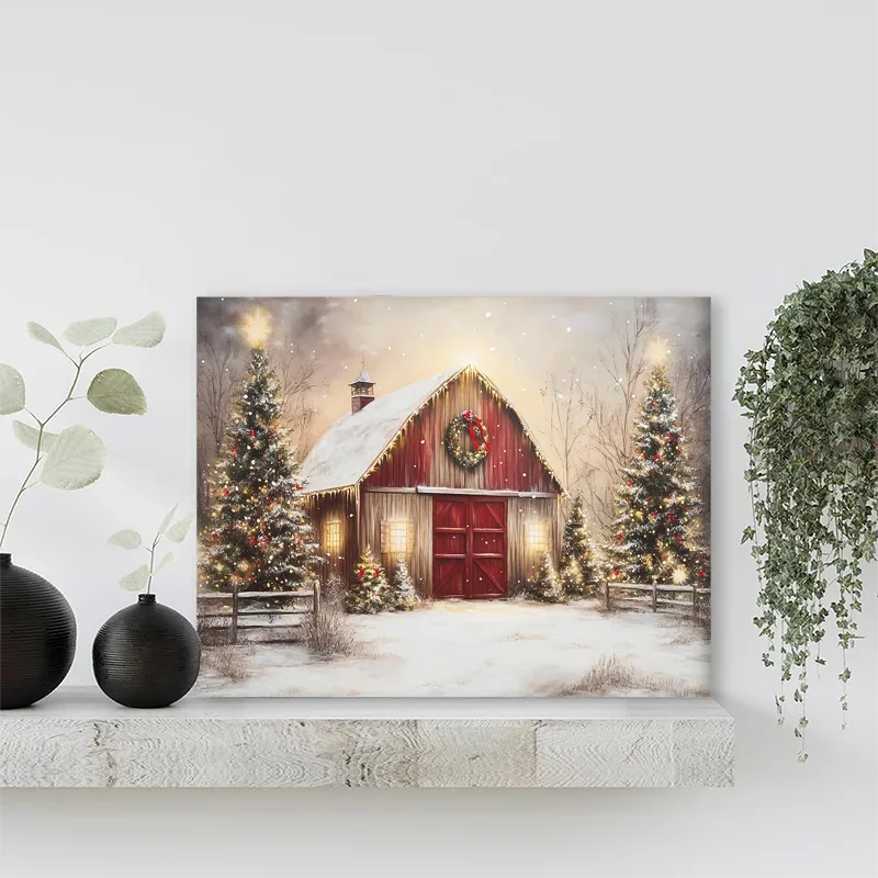 1PC Charmante Rode Schuur Kerst Canvas Schilderij Houten Frame Winter Feestelijke Gedenkteken Wanddecoratie voor Woonkamer