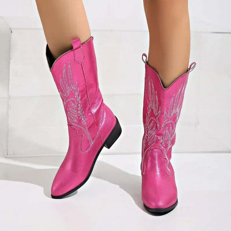 Winter Shoes Female Slip-on Women\'s Mid-Calf Boots Square Low Heel Casual Embroider Ladies Pink Satin Embroidery Carve Designs