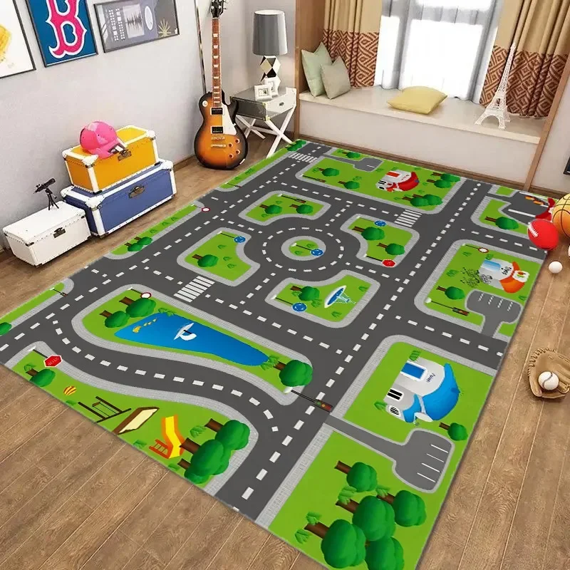 Kids Car Rug Playmat Fun Race Track Traffic Road Carpet for Boy Room Educational Learning Carpet Bedroom Playroom Decor Doormat