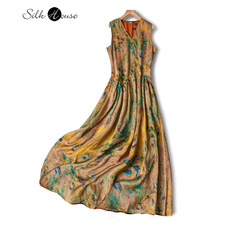 

Summer New 100% Natural Mulberry Silk Gambiered Guangdong Gauze Rose Print Women's Retro Artistic Irregular Large Swing Dress