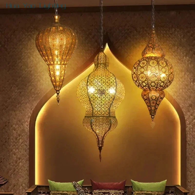 

Vintage Antique Hollow Carving Pendant lamp Southeast Asia Moroccan golden Hanging Light Restaurant Home Decor Lighting Fixture
