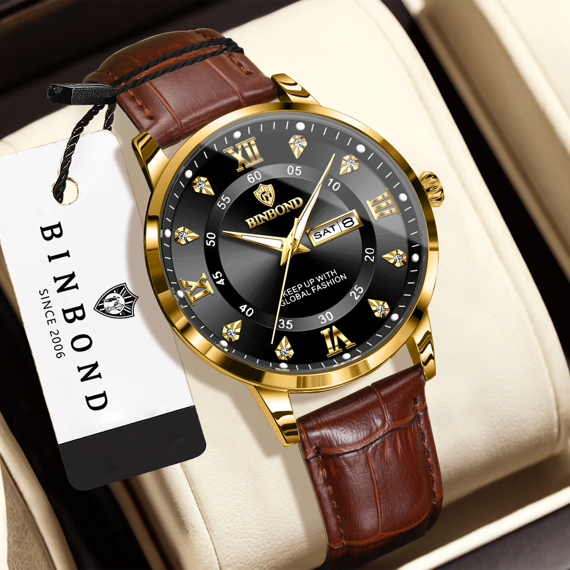 BINBOND Quartz Watches For Men Luxury Sturdy Luminous Waterproof Auto Date Week Display Accurate Men's Watch Business Reloj