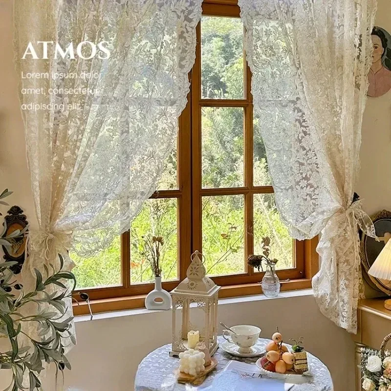 

French Curtains Lace Gauze for Living Room Cream Retro Wavy Edge Bedroom Bay Window Girl Embroidery Curtain Door White Tulle