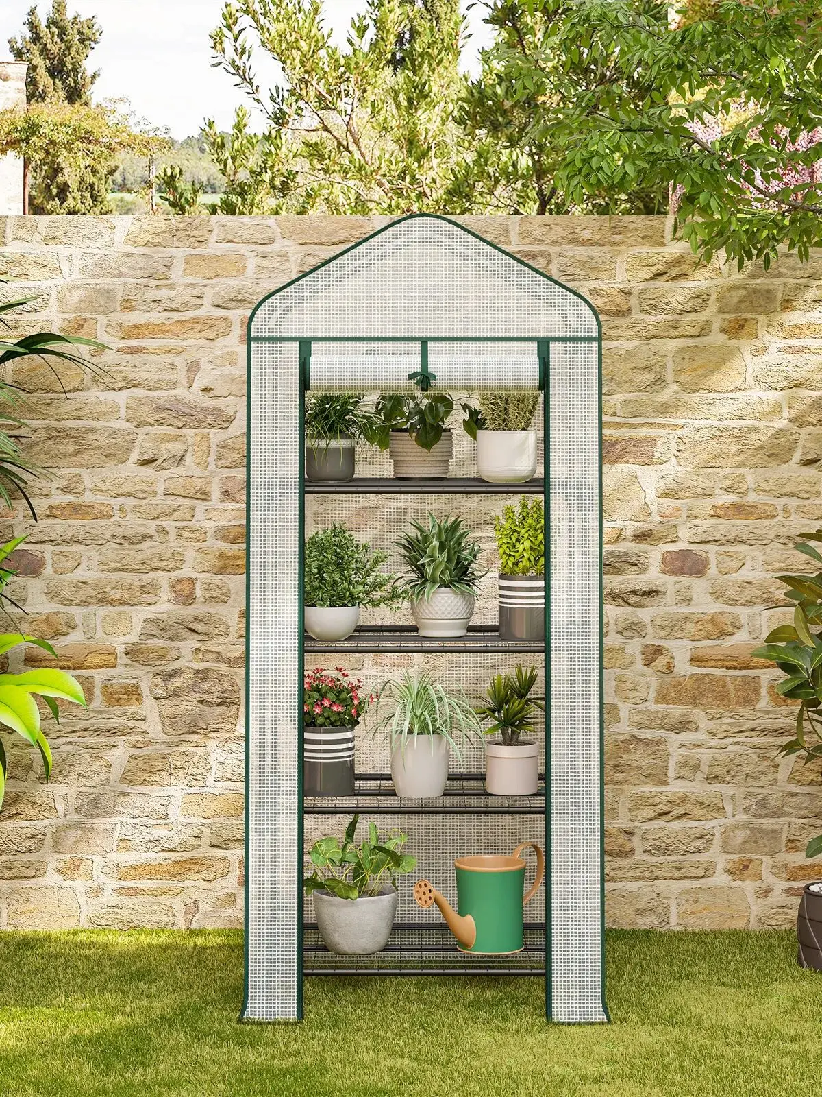 WOLTU 3/4 Regal-Gewächshaus mit Rädern und Rolltür, Outdoor-Winterschutzhaus für Blumen, Gemüse und Pflanzen, 70x50x130/163cm